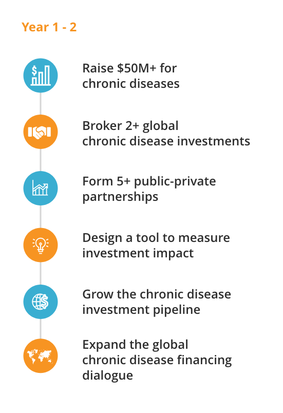Year 1-2: raise 50M for chronic diseases, broker 2 plus global chronic disease investments, form 5 plus public-private partnerships, design a tool to measure investment impact, grow the chronic disease pipeline, and expand the global chronic disease financing dialogue