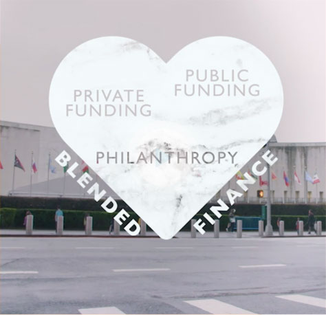 Heart in front of United Nations building showing private funding, public funding, and philanthropy together as blended finance